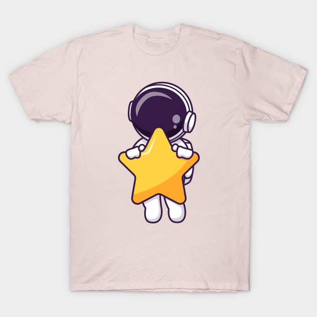 Cute Astronaut Flying With Star Cartoon T-Shirt by Catalyst Labs